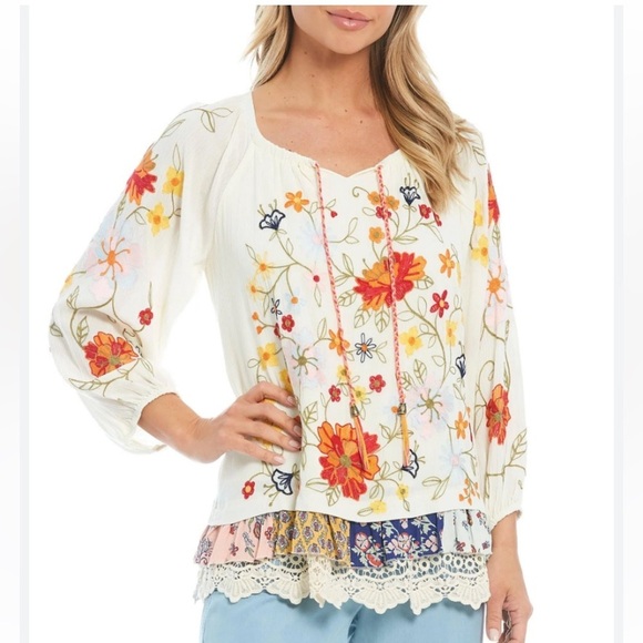 John Mark Tops - NWT JOHN MARK HELLO SUNSHINE EMBROIDERED FLORAL BOHEMIAN LAYERED BLOUSE TOP
